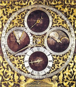 Wijzerplaat van de vroege staande klok van Anthonius Hoevenaer [Langdurig bruikleen van Museum Boerhaave, Leiden]